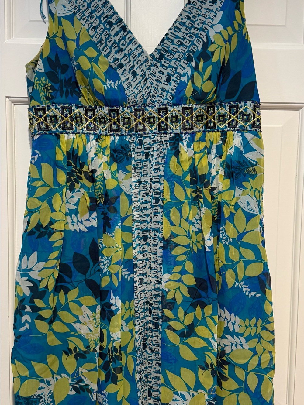 Adrianna Papell Teal and White Printed V-Neck Dress